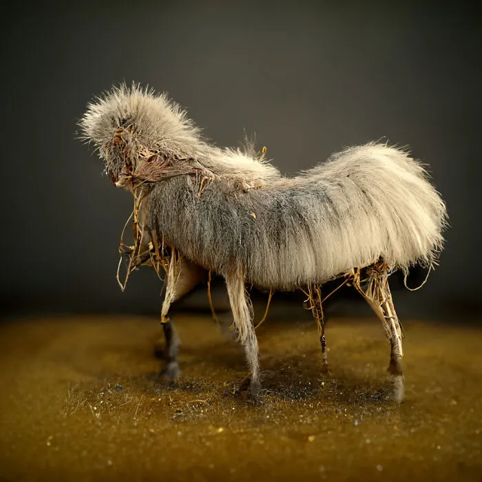 A fantasy creature with fur and twig-like legs standing on a textured surface, showcasing the power of AI creativity.