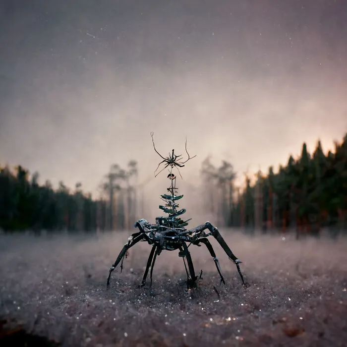 AI-created fantasy world with a mechanical spider-like creature standing on a misty forest floor at dusk.