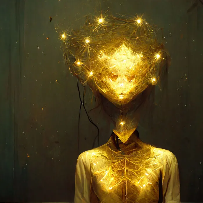 Ethereal humanoid figure glowing with golden lights, showcasing the power of AI in creating a fantasy world inspired by reality.