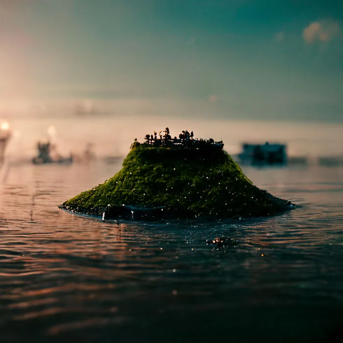 A small fantasy island covered in green moss, surrounded by water, showcasing the power of AI in world creation.
