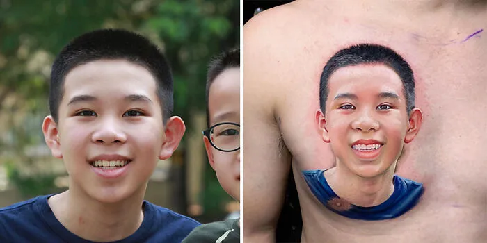 Hyper-realistic tattoo of a smiling young boy's face, showcasing impressive lifelike detail on skin.