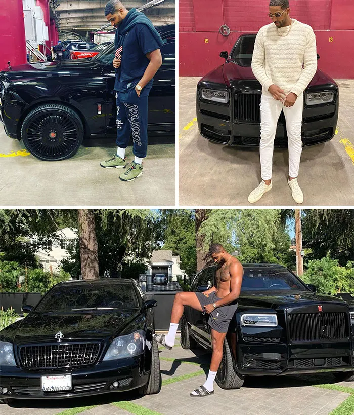 Celebrity beside luxury cars, showcasing wealth with stylish outfits and lavish vehicles.