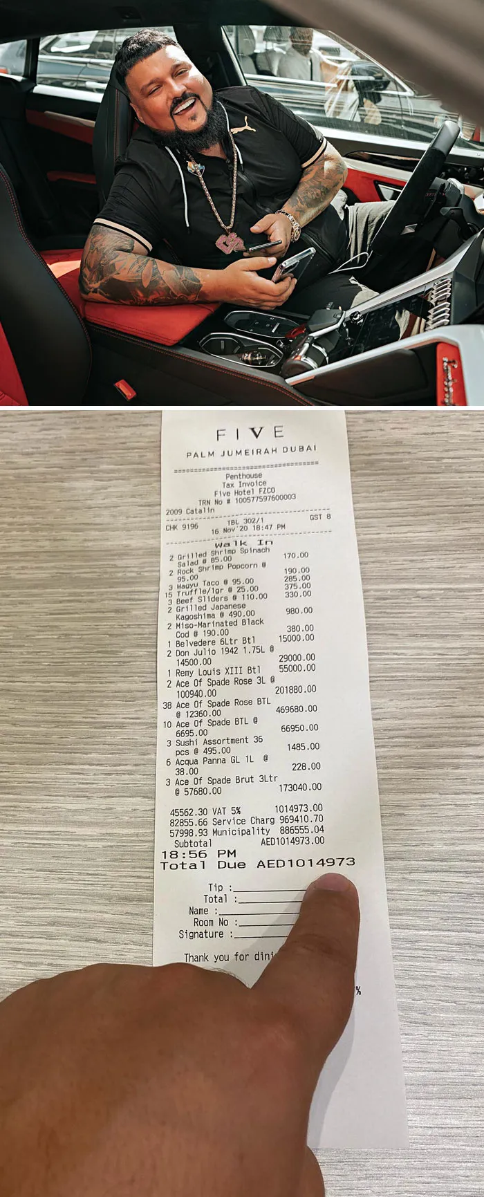 Man smiling in a luxury car with a lavish dinner receipt, depicting celebrities flaunting wealth.