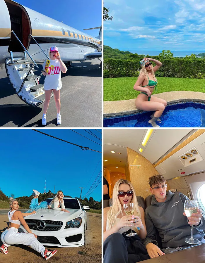 Celebrities flaunting wealth: posing with a private jet, luxury poolside, car, and in-flight with champagne.