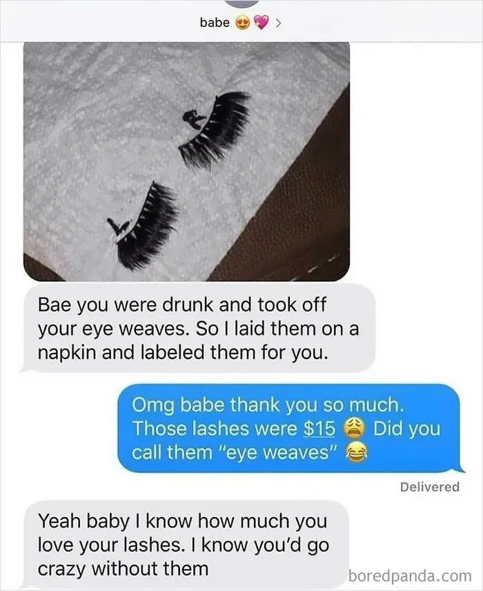Text conversation humorously calling false eyelashes "eye weaves."
