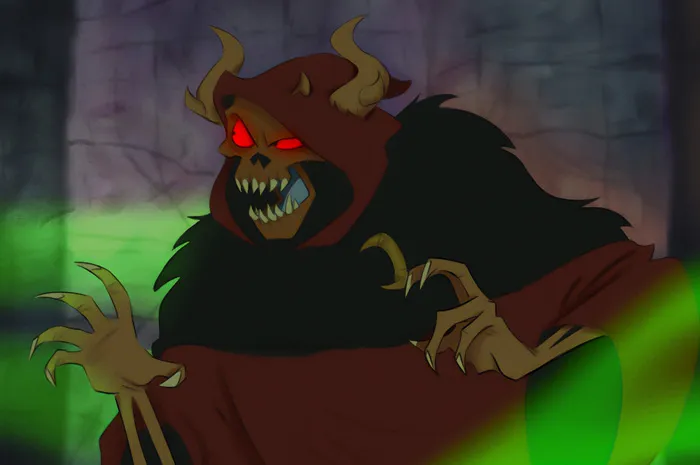The Horned King wearing a red cape 
