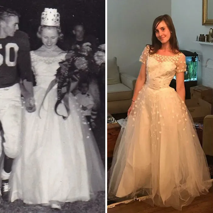 Mi abuela en un partido de fútbol en 1957, y yo con el mismo vestido 60 años después