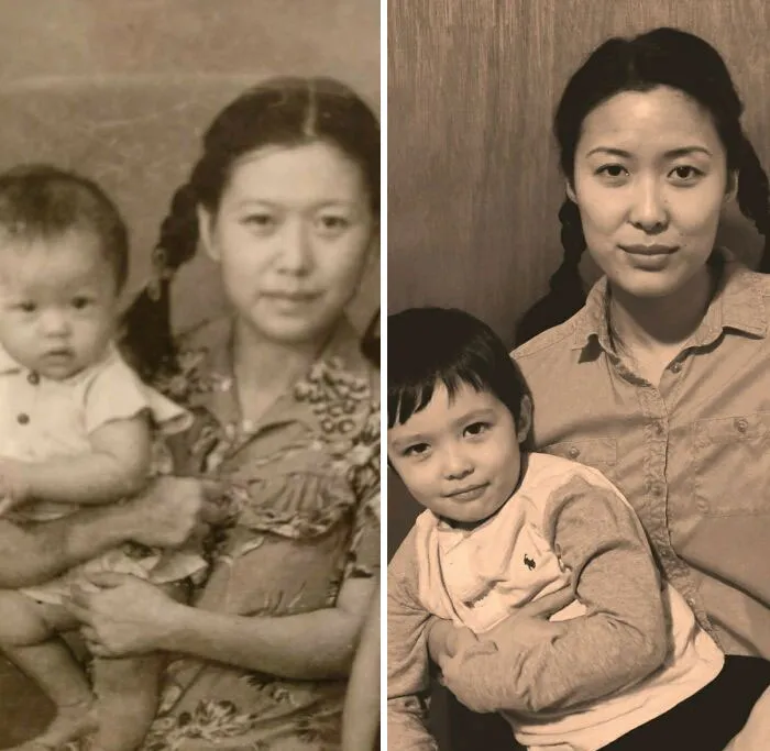 Mis padres siempre me decían que me parecía a la madre de mi papá, pero nunca llegué a conocerla. Aquí está mi abuela sosteniendo a mi papá y yo sosteniendo a mi hijo, tomadas exactamente con 63 años de diferencia