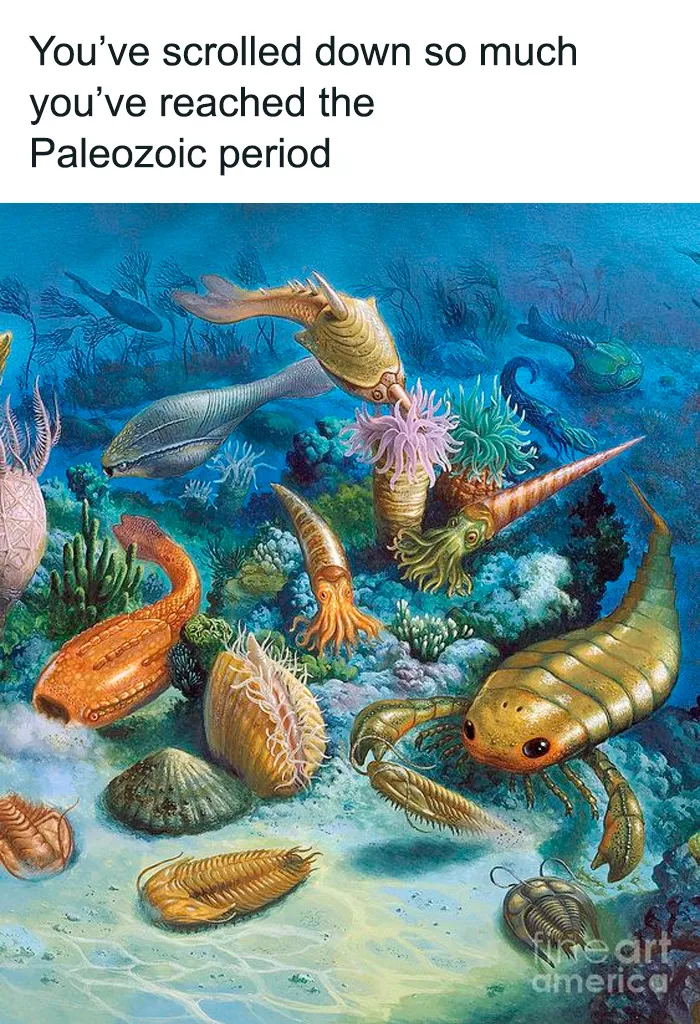 Humorous science meme with ancient Paleozoic sea creatures illustrating funny science jokes and memes.