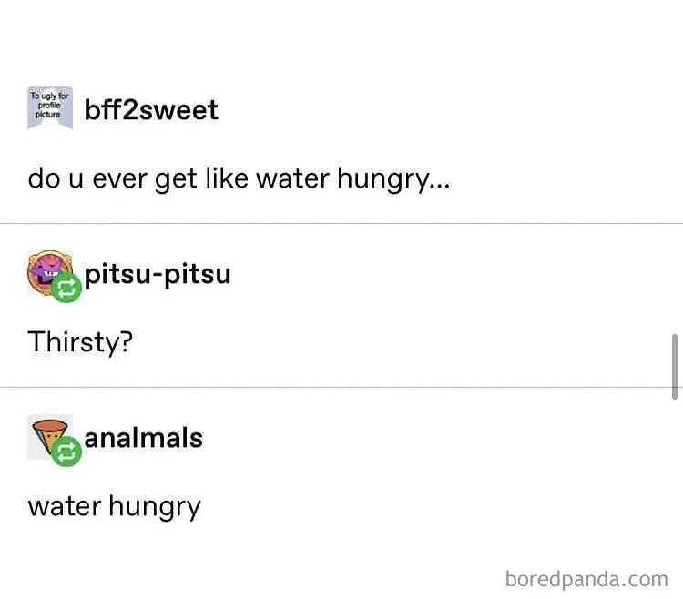 Text exchange using a hilarious alternative for "thirsty" with the term "water hungry."