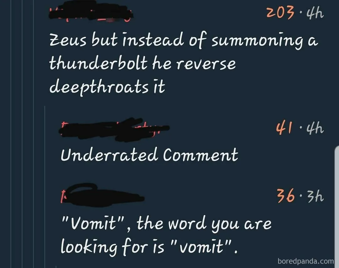 Funny comments about Zeus and a creative word alternative for "vomit" in screenshot.