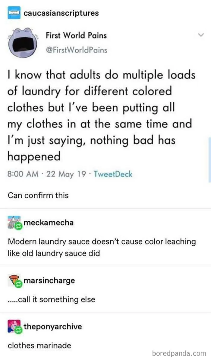 Humorous tweets about forgetting detergent's name and calling it "laundry sauce" and "clothes marinade."