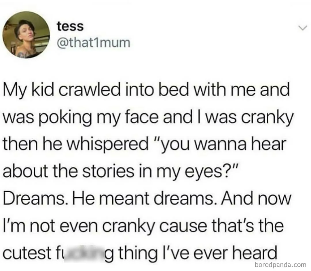 Tweet about a child's funny description of dreams, calling them "stories in my eyes."