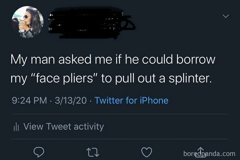 Tweet humorously renames tweezers as "face pliers" while asking to remove a splinter, showcasing a funny word alternative.
