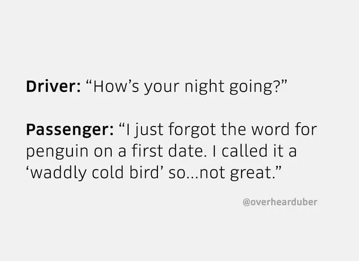 Funny text exchange about forgetting the word for penguin, using "waddly cold bird" instead.