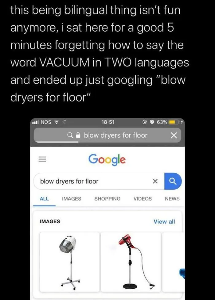 Bilingual humor: Forgot "vacuum," searched "blow dryers for floor" on Google.