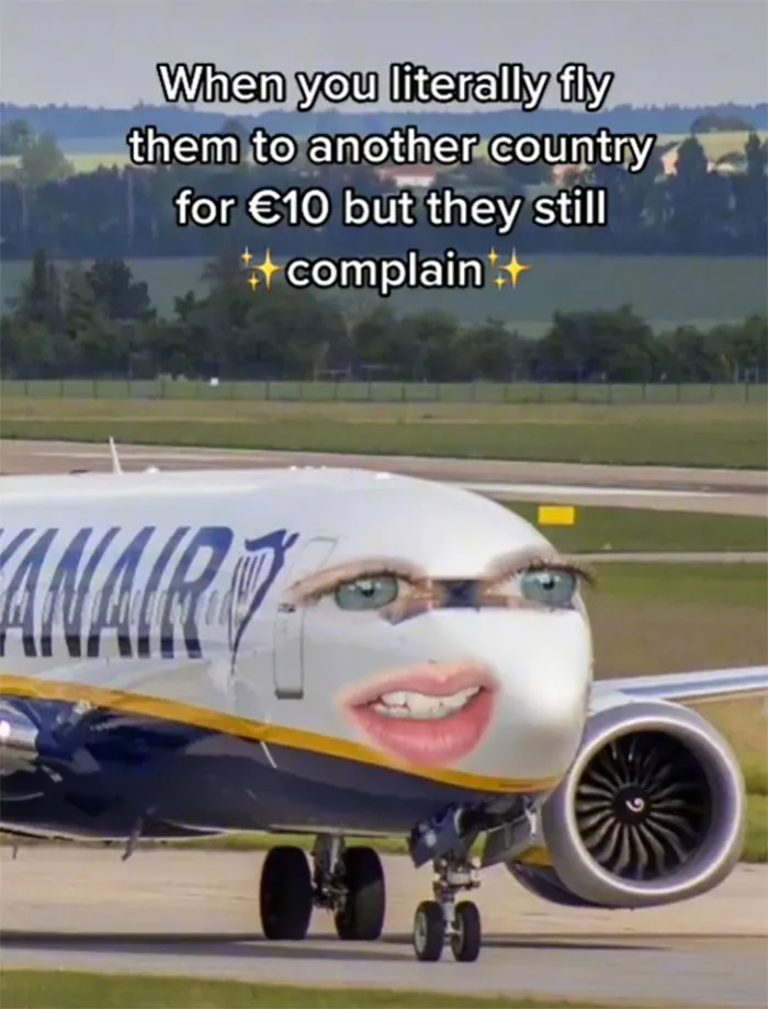 Ryanair plane with animated face and text about flying passengers cheaply but still receiving complaints.
