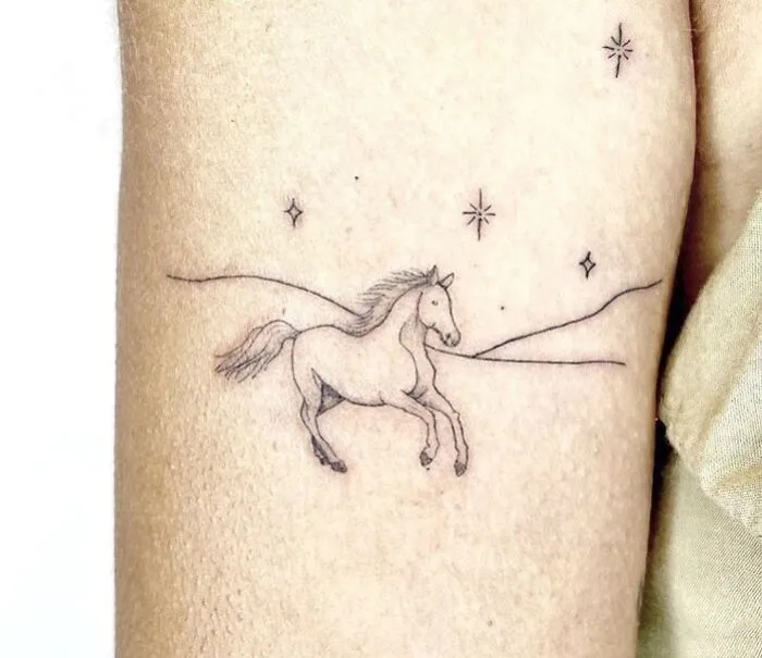 Minimalist tattoo of a horse with stars, designed to be aesthetically pleasing to the eye.