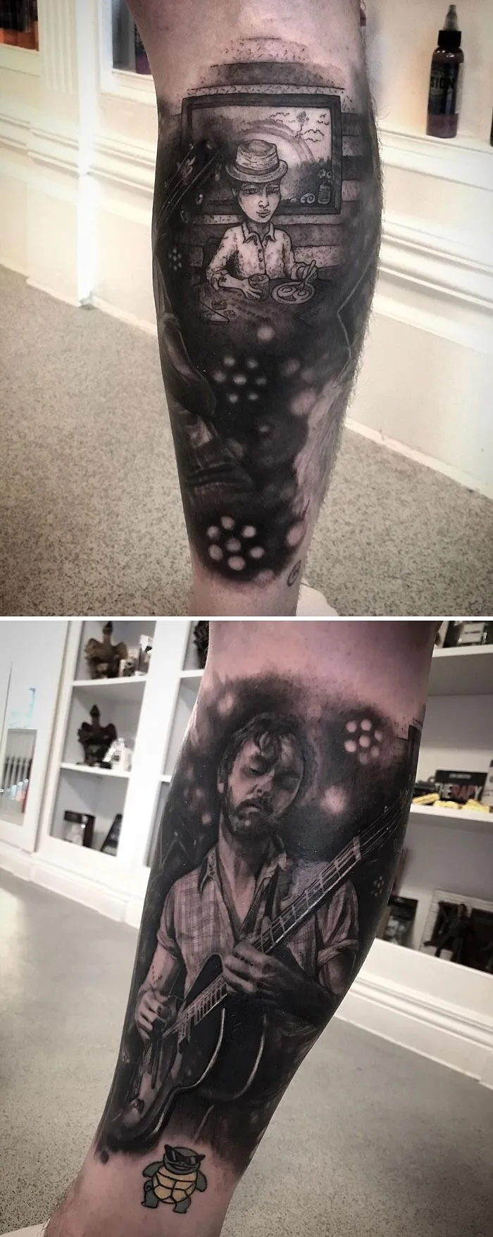 Unique calf tattoo featuring a man with a guitar and a playful cartoon character.
