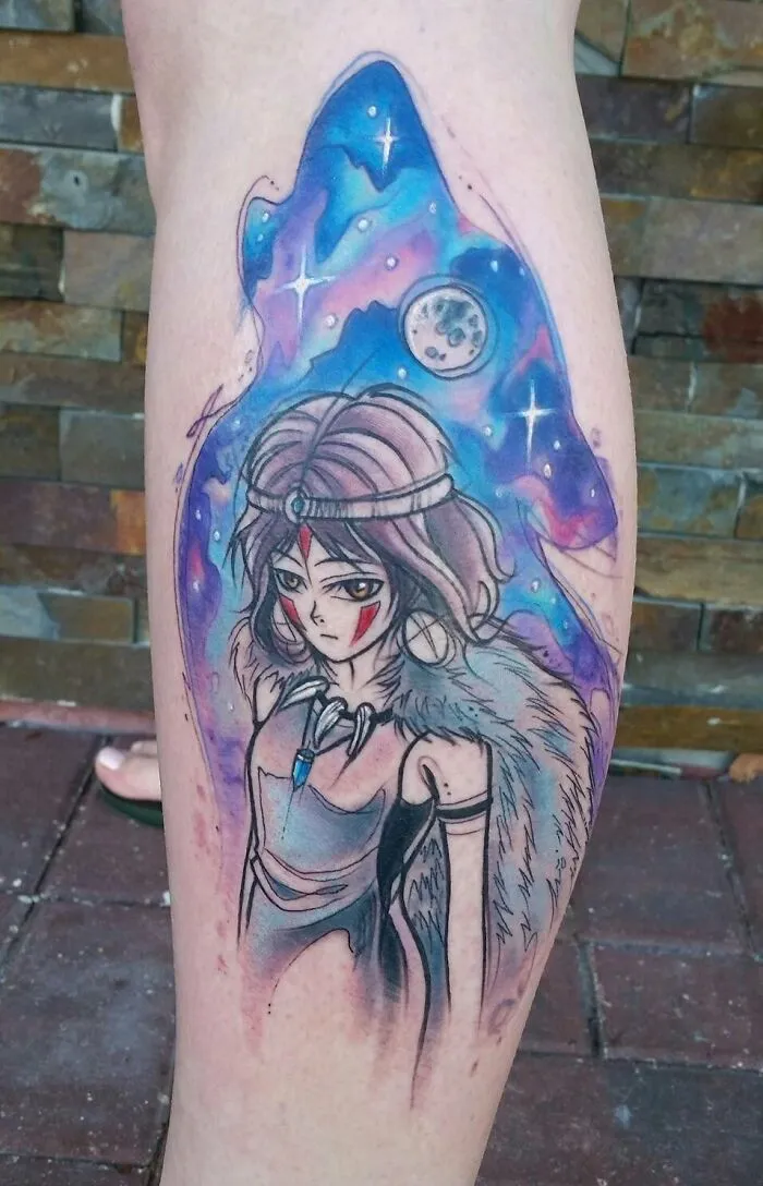 Watercolor tattoo of a mystical character with a cosmic background, showcasing vivid colors and intricate design.