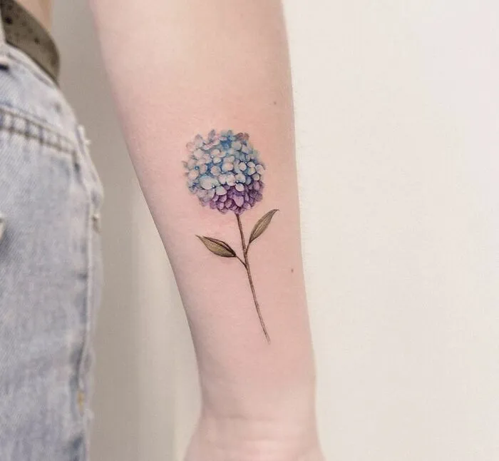 Watercolor tattoo of a blue and purple hydrangea on forearm, showcasing delicate floral art.