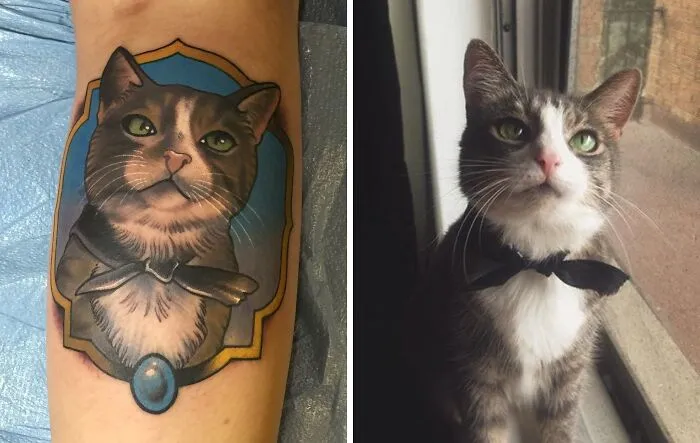 Tattoo of a cat with a bowtie next to the real cat, celebrating the bond between humans and pets.