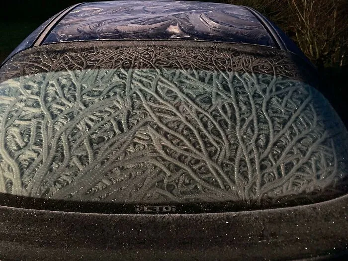 ¿Puede alguien explicarme cómo se pudo formar este hielo en nuestro parabrisas? Estaba lloviendo y se congeló de inmediato, aunque solo hacía alrededor de -1°C