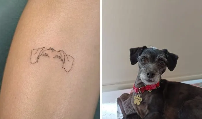 Pet tattoo depicting a dog's ears and eyes next to a photo of a small dog with a collar.