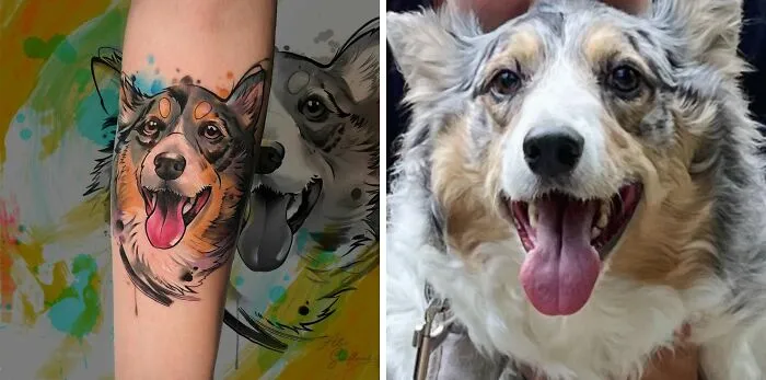 Pet tattoo with a colorful design next to a happy dog, celebrating the bond between humans and pets.