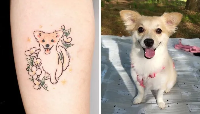 Pet tattoo featuring a happy dog surrounded by flowers, celebrating the bond between humans and pets.