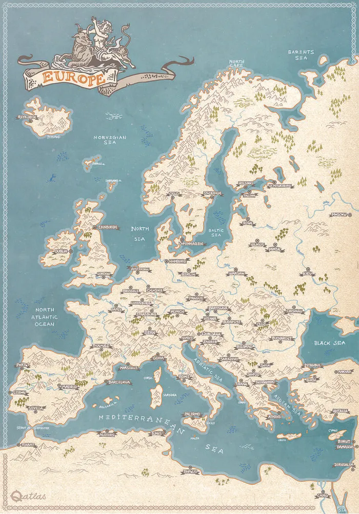 My European Hand Drawn Line Art Fantasy Style Map