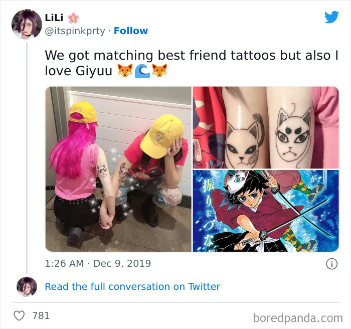 Matching best friend tattoos featuring cat designs and anime art, both friends wearing yellow hats.