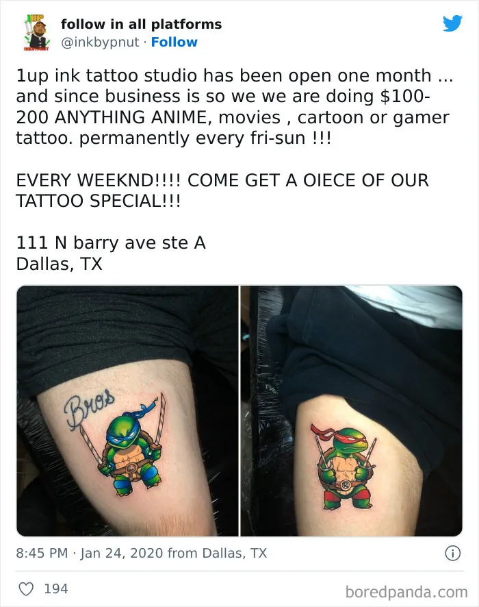 Cartoon tattoo featuring a ninja turtle on an arm, inspired by an all-time favorite animated show.
