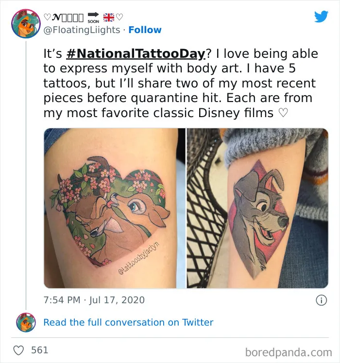 Cartoon tattoo of Disney characters Bambi and Tramp on forearms, inspired by animated shows.