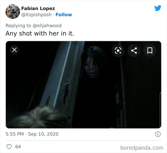 Creepy single shot from a horror film showing a ghostly figure emerging from a dark doorway, capturing a haunting moment.