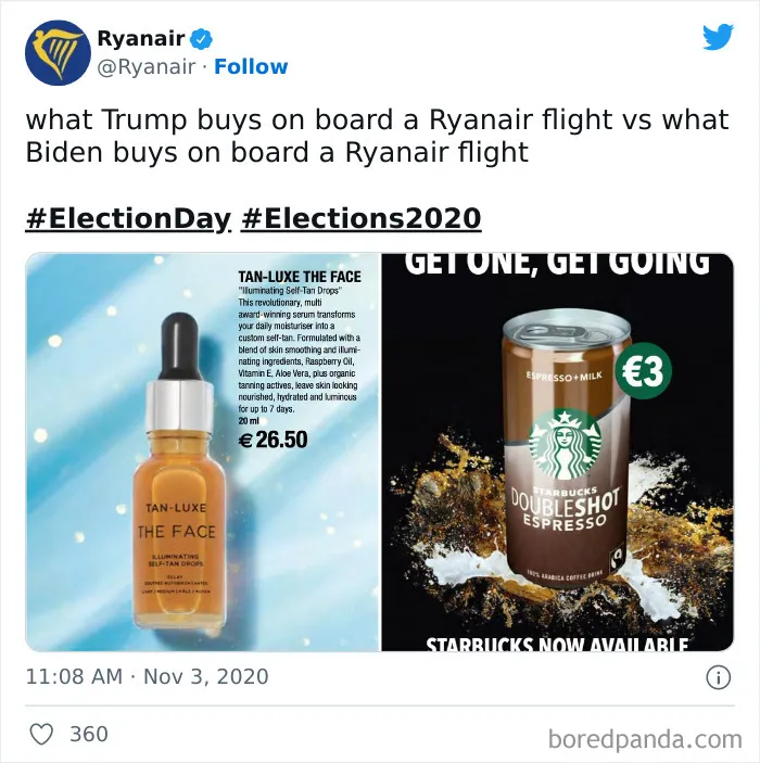 Ryanair’s savage social media roast comparing Trump and Biden’s in-flight purchases with humor and bold visuals.