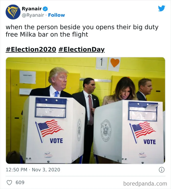 Screenshot of a Ryanair tweet showing a political roast with voters behind voting booths, highlighting savage social media roasts.