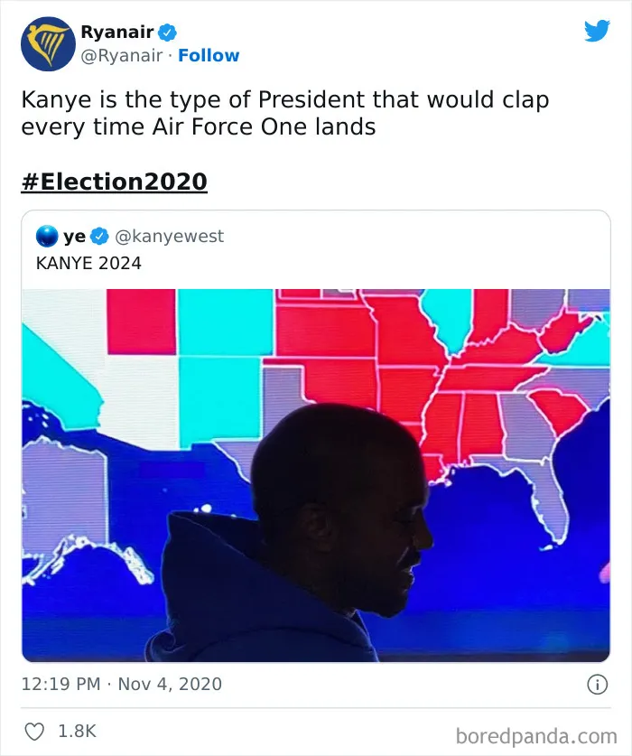 Ryanair's social media roast referencing a political tweet with U.S. election map in the background.