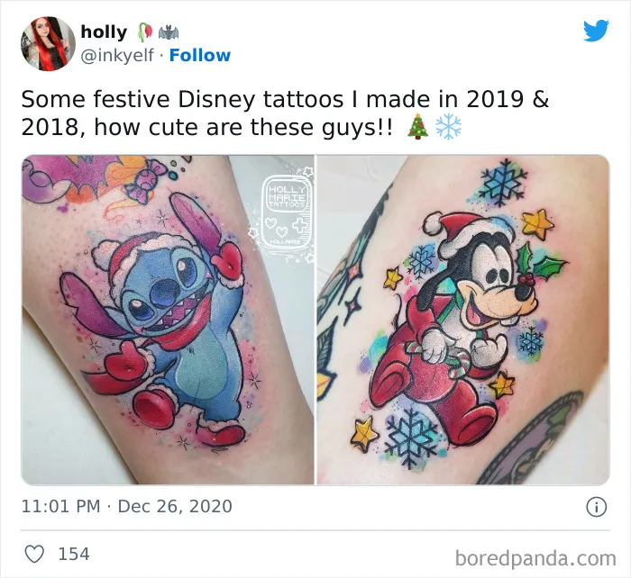 Disney cartoon tattoos featuring Stitch and Mickey Mouse in festive attire.