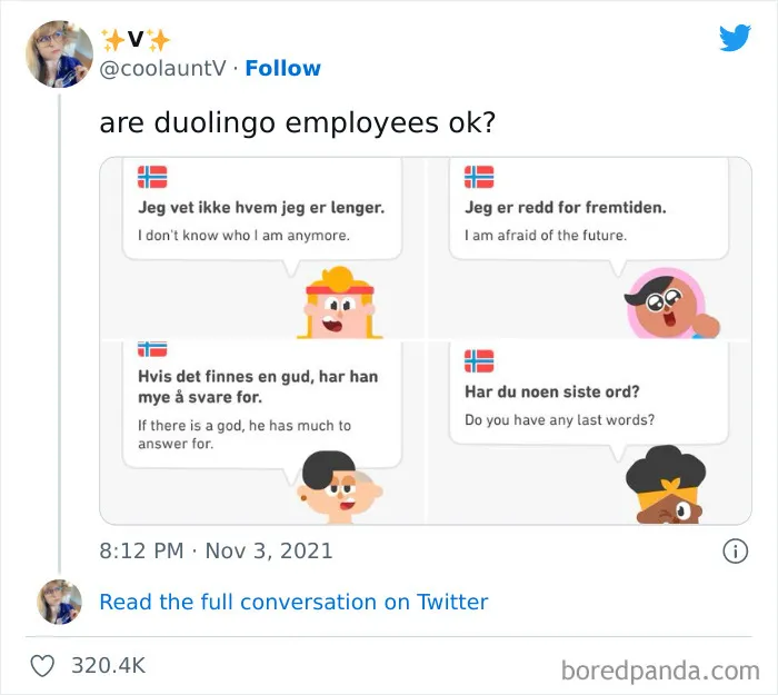 "Linguistic Gold Provided By Duolingo": 40 Of The Funniest And Most Unexpected Prompts Found On The App