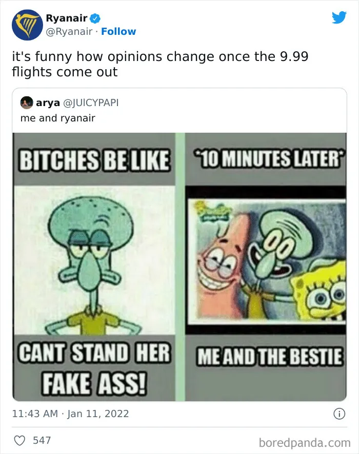 Ryanair savage roast tweet with SpongeBob memes showing a change in attitude after flight prices drop to 9.99 on social media.