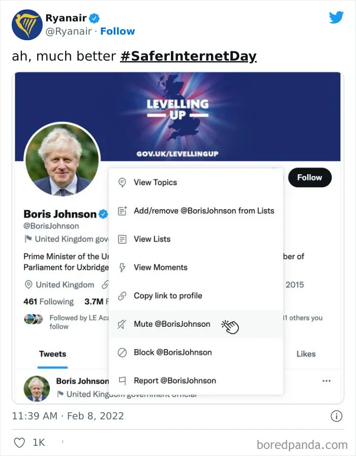 Ryanair delivers a savage roast by mocking the muting of Boris Johnson on Twitter.