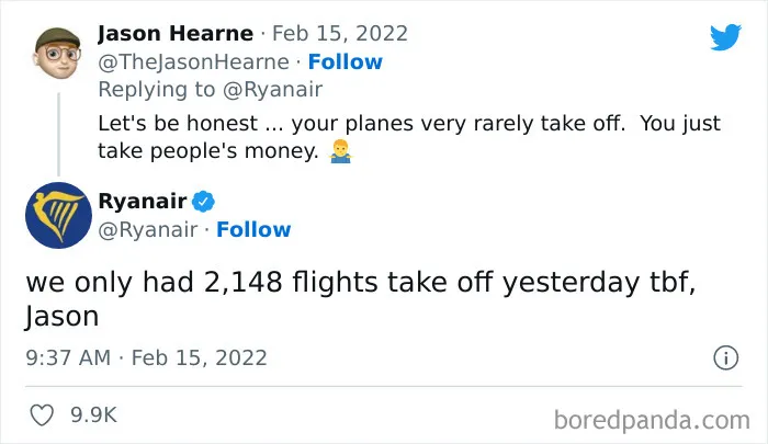 Twitter exchange showing a savage Ryanair roast responding humorously to a flight delay complaint on social media.