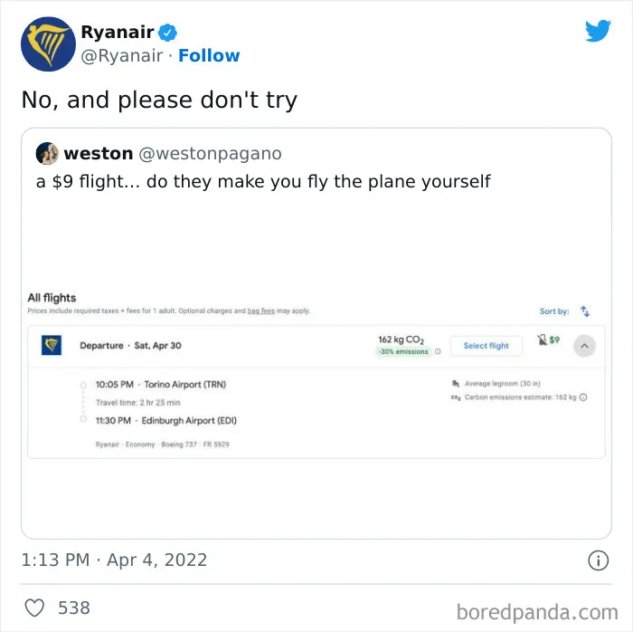 Ryanair social media post roasting a $9 flight with a humorous reply about flying the plane yourself.