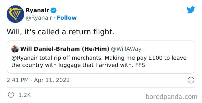 Screenshot of Ryanair’s social media post showcasing one of the most savage roasts about return flight fees.