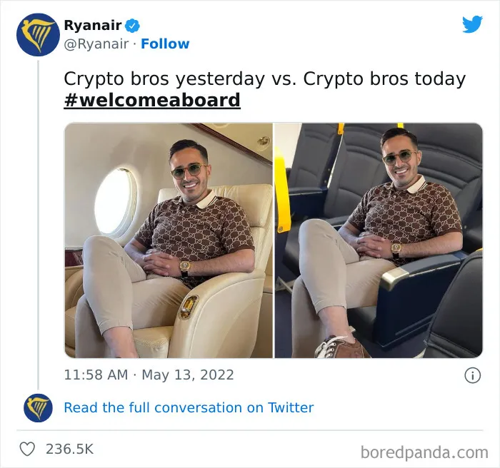 Person seated in luxury private jet, then on a Ryanair plane, showcasing a savage roast by Ryanair's social media.