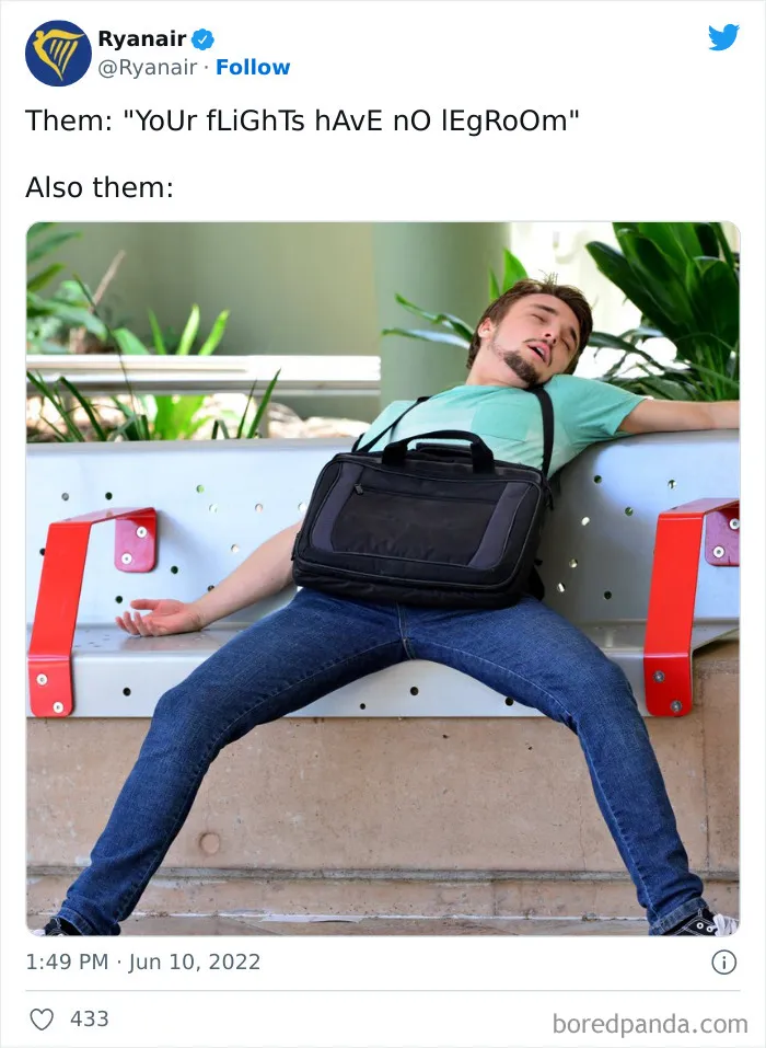 Young man sprawled awkwardly across a bench illustrating one of the most savage Ryanair social media roasts about flight legroom.