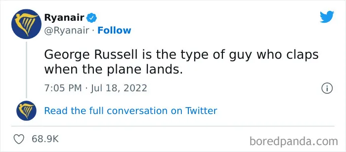 Ryanair tweet roasting George Russell for clapping when the plane lands, showcasing savage social media humor.