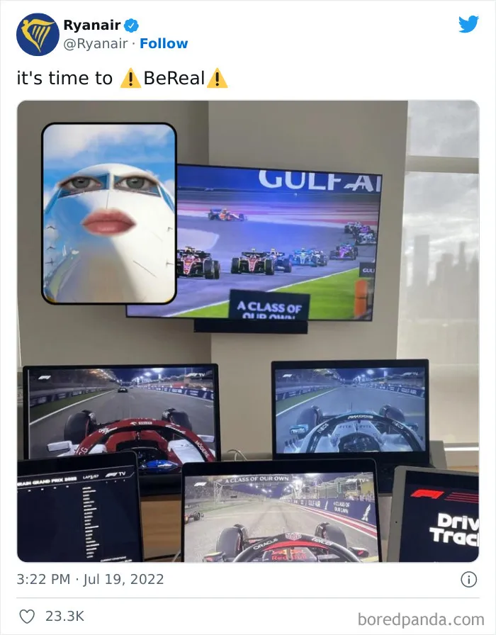 Ryanair tweet showing a humorous airplane face overlay with multiple screens displaying Formula 1 racing footage.