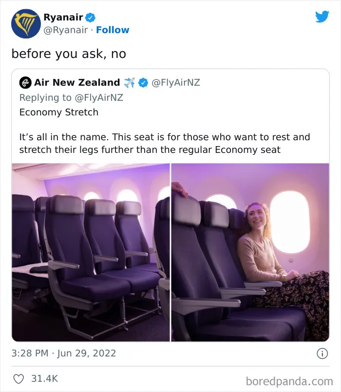Ryanair's savage social media comeback to Air New Zealand's tweet about Economy Stretch seating.